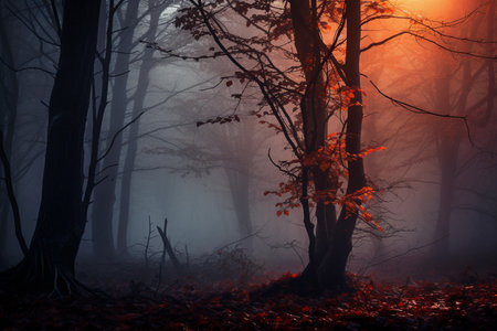 Nocturnal scene with autumnal landscape veiled in fog.の素材