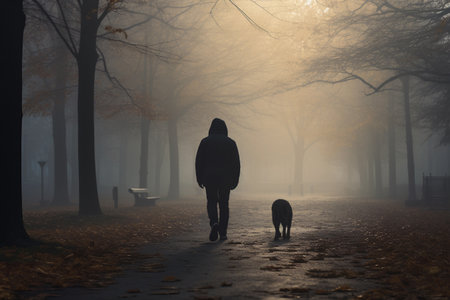 Man and dog strolling through a misty autumn parkの素材