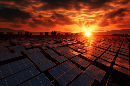 Solar power plant with rows of solar panels harnessing sunlight for energy.の素材