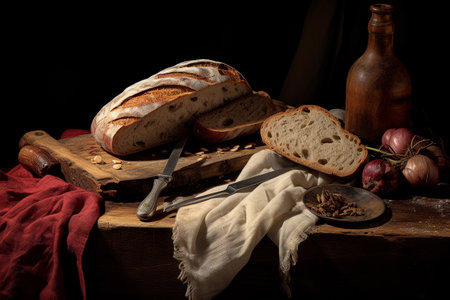 ustic arrangement featuring a loaf of brown bread in a countryside setting.の素材