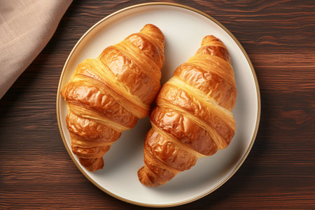 Pair of croissants elegantly arranged on a plate.の素材