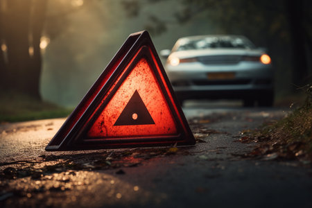 Wrecked car by the roadside, illustrating the consequences of a recent road accidentの素材