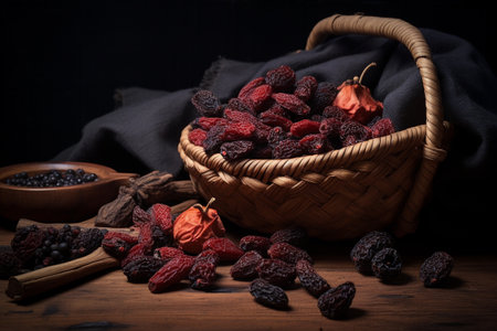 Basket filled with an assortment of dried berries, offering a visually appealing and nutritious treatの素材
