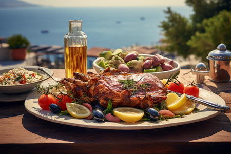 Explore the deliciousness of Greek traditional cuisine, with a spread of iconic dishes that reflect the country's culinary heritageの素材
