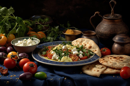 A culinary journey through Greece with a table adorned with a variety of traditional dishes, showing the rich flavors of Greek cuisineの素材
