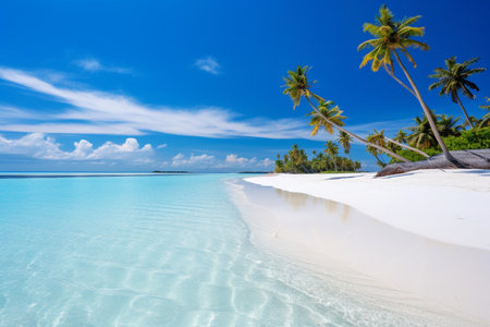 Tranquil oasis in the Maldives, featuring a breathtaking white sand beach, the shade of palm trees, and the soothing presence of the ocean along the picturesque coastの素材