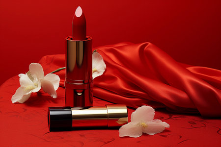 Red lipstick pops on a harmonizing red background.の素材