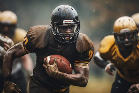 A high-energy shot featuring players engaged in an American football game, perfect for sports-related content.の素材