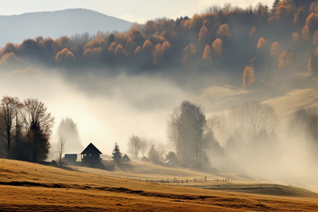 A captivating view of mountains adorned in autumn colors, shrouded in a gentle fog.の素材