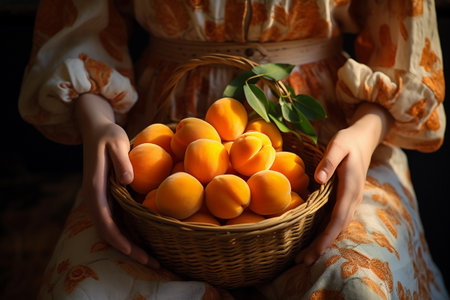 An intimate close-up capturing a woman holding a basket filled with freshly picked apricots.の素材