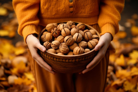 Harvest Close-Up. Woman and Nut Basketの素材