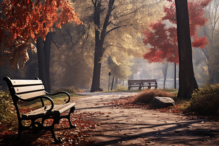 A serene autumn park featuring a bench, creating a tranquil atmosphere.の素材