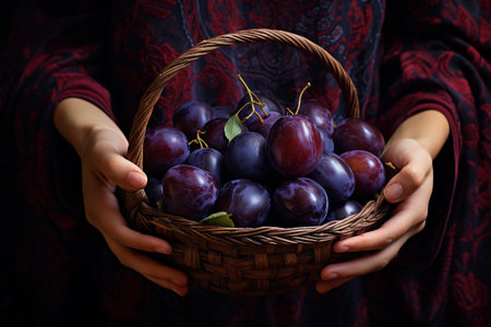 Ripe Plum Bounty. Woman and Plum Basket:の素材