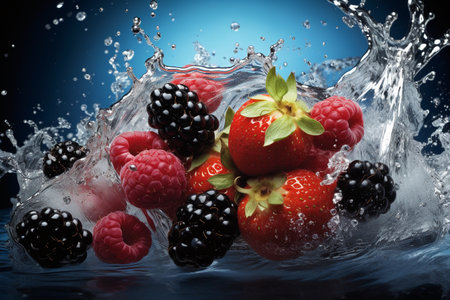 Berry Burst. Splash of Water with Fresh Berriesの素材