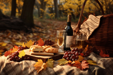 Autumnal picnic: A cozy blanket amidst fall foliageの素材