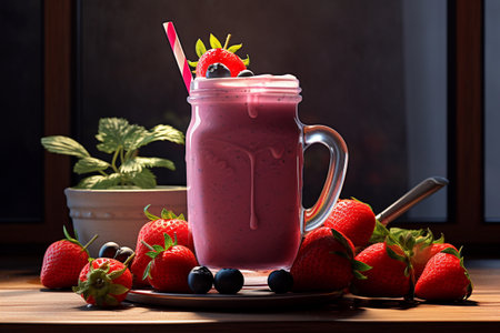 Homemade berry smoothie served in a transparent glassの素材