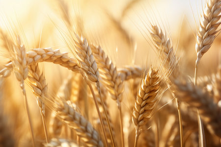 Close-up view of golden wheat ears in the fieldの素材