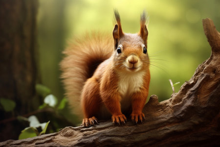Close-up of a cute squirrel amidst the forest foliageの素材