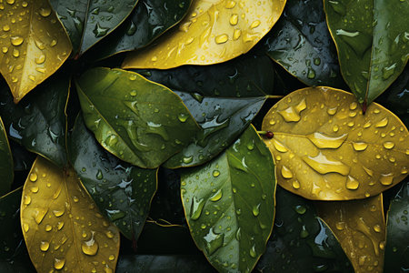 Close-up of rain-soaked autumn leaves creating a moody backdropの素材