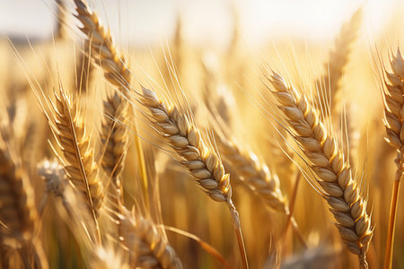 Detailed shot capturing the beauty of wheat ears in the fieldの素材