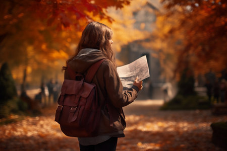 Tourist with map, exploring the autumn landscapeの素材