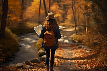 Traveler navigating with a map in the fallの素材