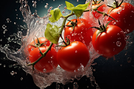 Vibrant tomatoes with a playful splash of waterの素材