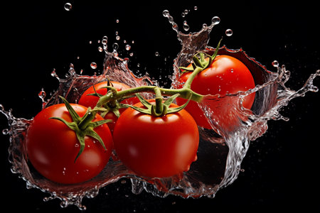 Fresh tomatoes enhanced by a lively splash of waterの素材