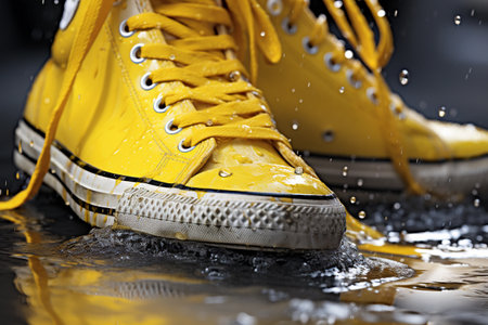 Detailed shot of yellow sneakers braving the rainの素材