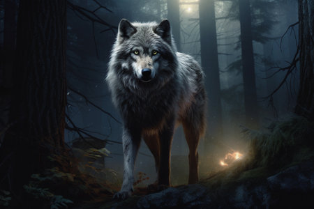 Wolf navigating the darkened woodlandの素材