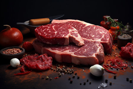 Raw fresh beef steak with spices, herbs and vegetables on black backgroundの素材