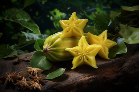 Star fruit and star anise on wooden background. Star fruit, star fruit, starfruitの素材