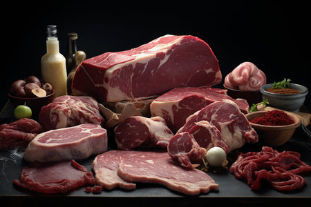 Assortment of meat products including ham, pork, salami, beef, pork, chicken, beef, pork, pork, beef.の素材