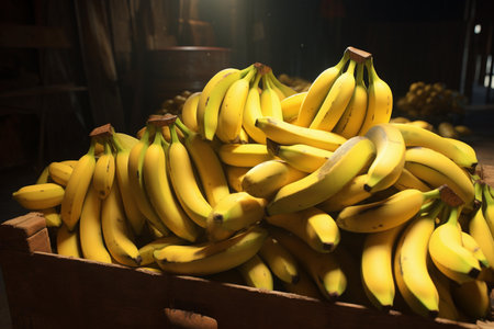 Bunch of bananas in a wooden box on a market stall.の素材