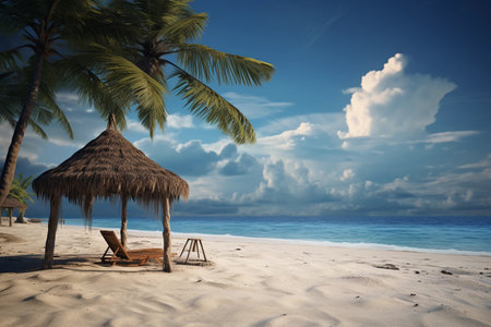 Beach chair with umbrella and palm tree at Seychellesの素材