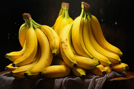 Bunch of bananas on rustic wooden table over dark background.の素材