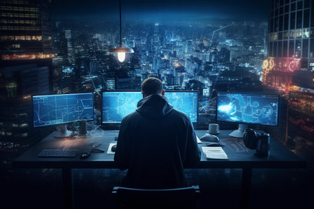 Cyber security specialist with computersの素材