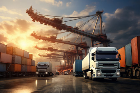 Delivery of goods by trucks, cranes, airplanesの素材