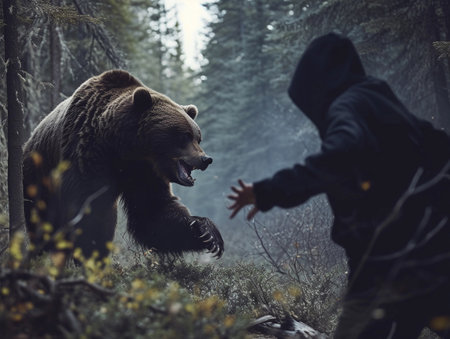 Person fending off a bear attack in a forest settingの素材
