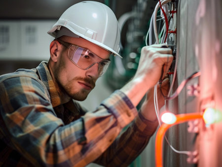 A meticulous electrician with safety gloves adjusts wires in a fuse box, ensuring system safety and efficiencyの素材