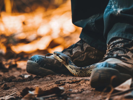A close encounter with a menacing snake in the wilderness, poised to strike a person's bootの素材