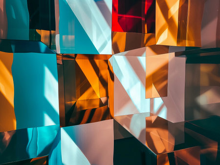 abstract geometry of colorful reflections on modern glass architectureの素材