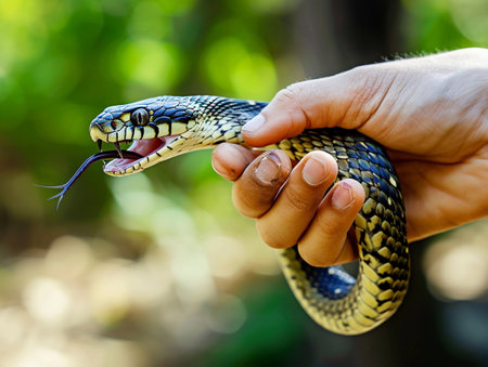 Curious Contact: Human Holding a Snake Gentlyの素材