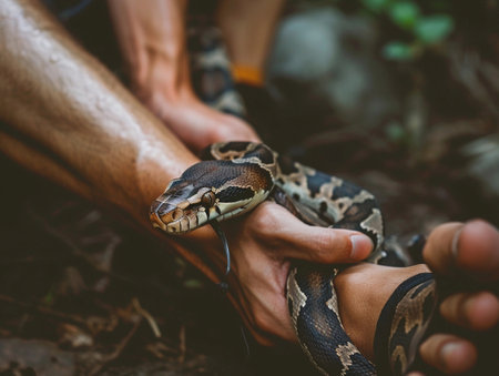 A close-up of a human hand holding a non-venomous snake, showcasing a delicate interaction with wildlifeの素材