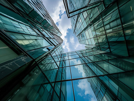 A view from the ground looking up at modern glass skyscrapers reaching towards the skyの素材