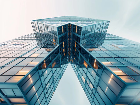 Modern architecture with reflective surfaces and unique anglesの素材