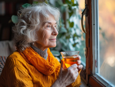 A serene elderly woman sipping tea and gazing out of a windowの素材