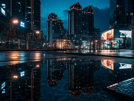 Riverside Cityscape Illuminated at Nightの素材