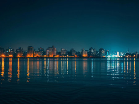 Serene night scene of city lights reflected on calm waterの素材