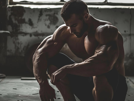 A deep in thought bodybuilder resting in a rustic gym environment.の素材
